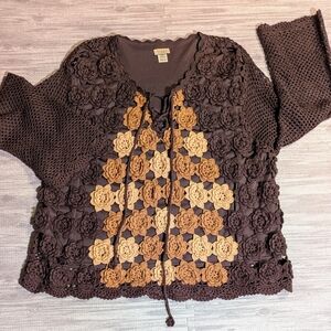 Vintage TEDDI Crochet Pullover‎ Tan & Brown Sweater with flowers | Size 3X